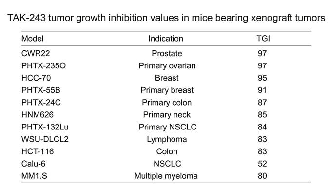 TAK-243是一种有用的泛素激活酶小分子抑制剂，具有体内抗肿瘤功效，通过人生就是博官方网站使用HCC70模子举行